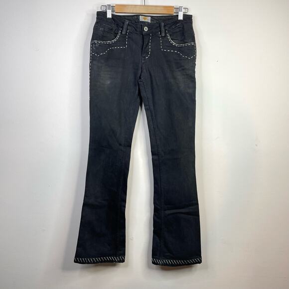 Y2K Antik Denim Black Embroidered Distressed Stretch Bootcut Western Jeans 28 - Picture 1 of 16